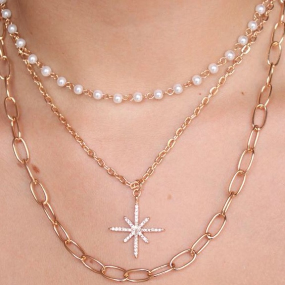 Sun Triple Layered Link Gold Pearl Necklace - Picture 3 of 4